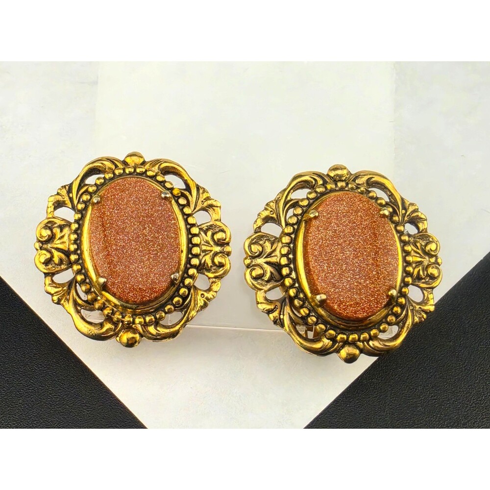 Victorian Style Vintage Goldstone Golden Filigree Frame Clip Earrings 1.25"